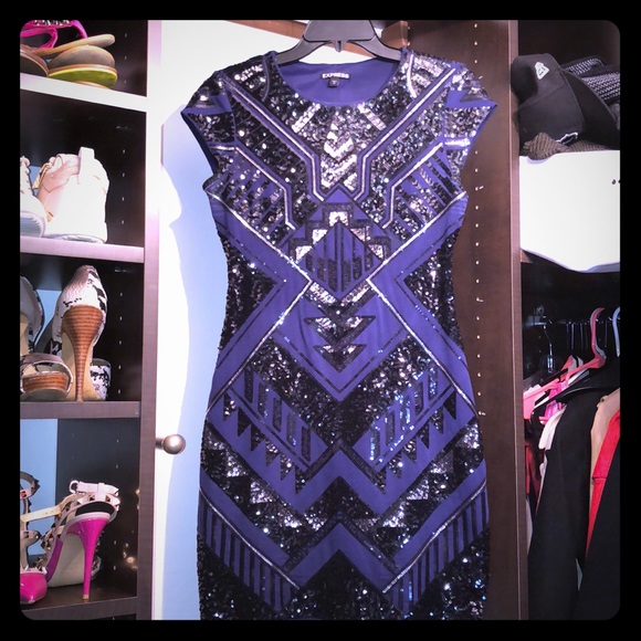 Express women’s blue and black Sequin dress size small - Picture 2 of 6